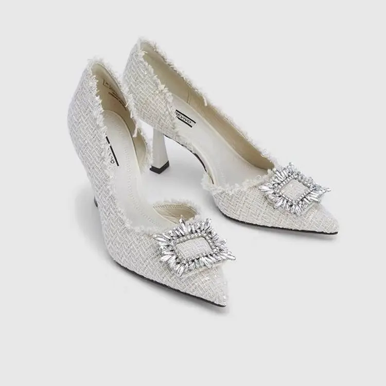 

2022 Autumn New Single Shoes Women's Shoes Cloth Ivory White Flat Heel Shallow Ivory White High Heeled Single Shoe Pointed