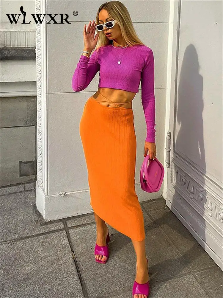 

WLWXR Fall Streetwear Two 2 Piece Sets Womens Outifits O Neck Long Sleve Crop Top Bandage Skirts Matching Dress Sets Female 2022