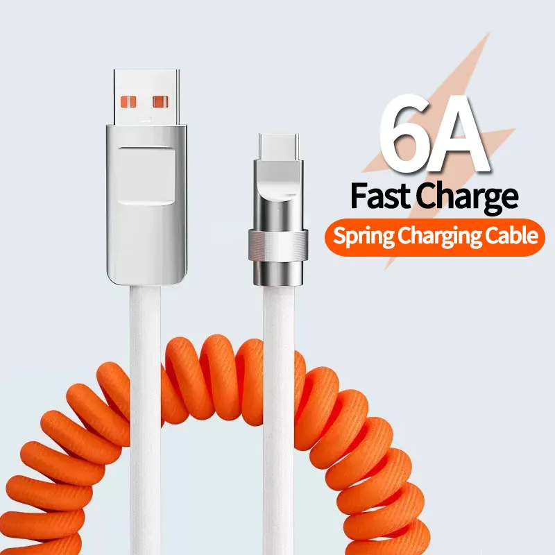 

6A 120W USB Type-C Fast Charging Cable Spring Wire for Huawei P30 P40 P50 P60 Pro Mobile Phone Data Cord for Xiaomi Redmi