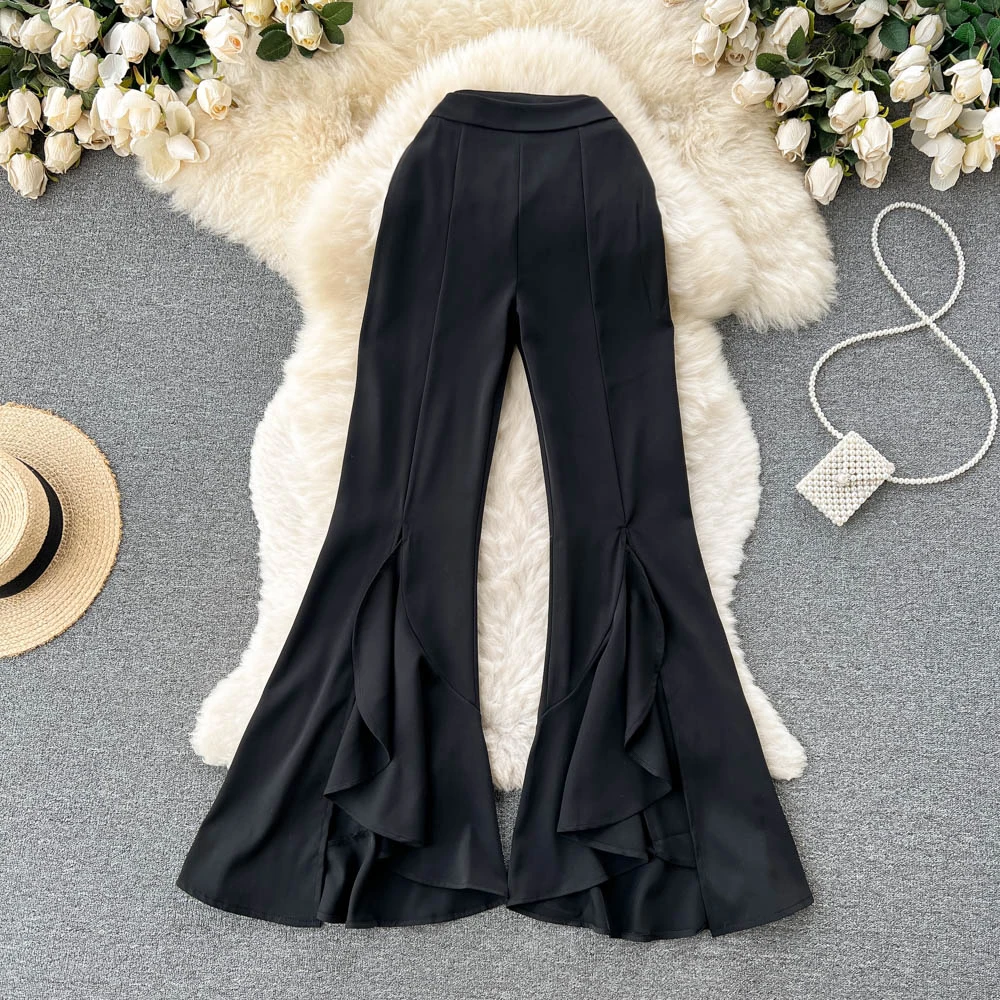 

VANOVICH Temperament Flared Pants Women's 2022 Summer New Korean Style Casual Solid Color Ruffle Slit Slim Wide-leg Long Pants