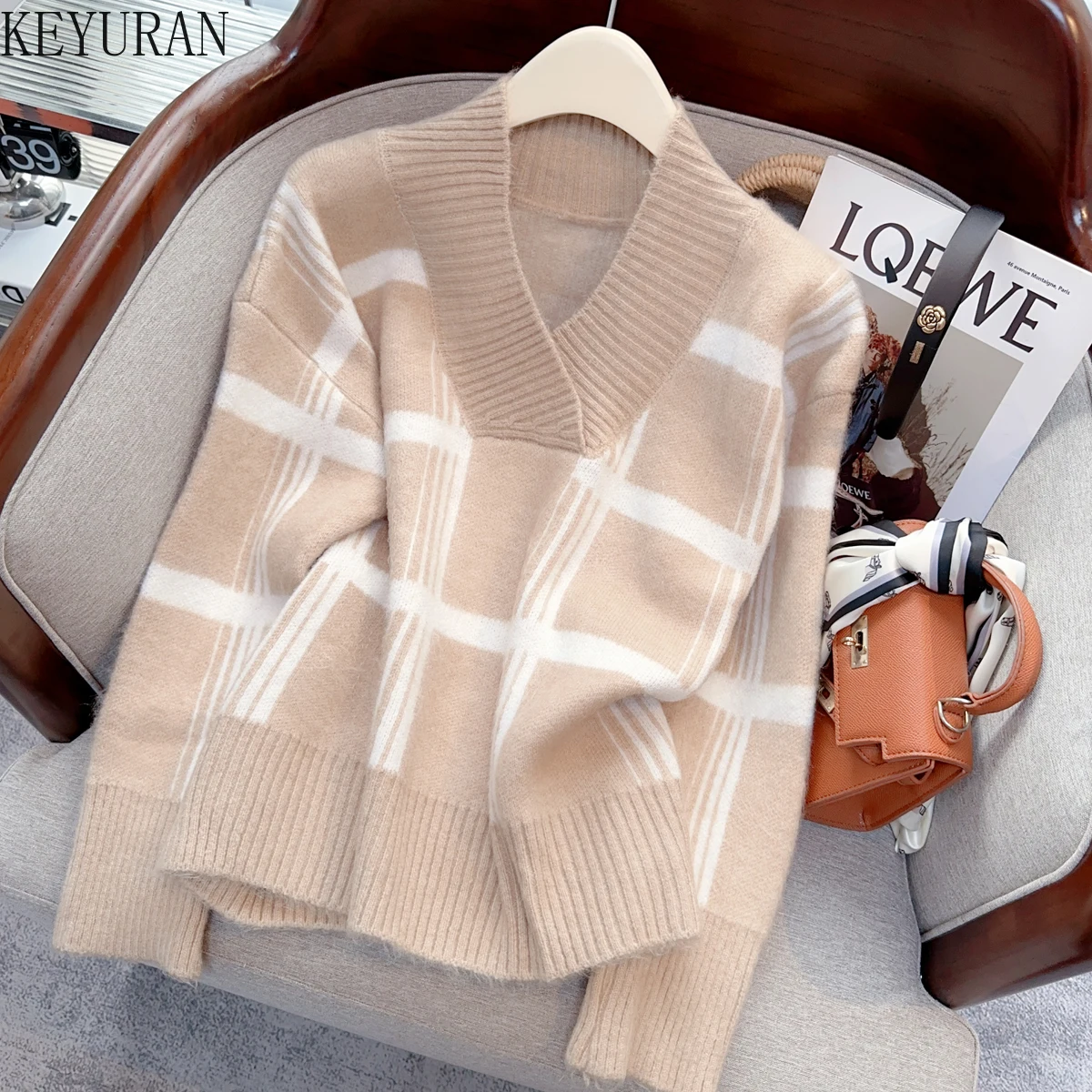 

Женский пуловер в клетку, свободный трикотажный свитер в Корейском стиле с V-образным вырезом и длинным рукавом, Осень-зима