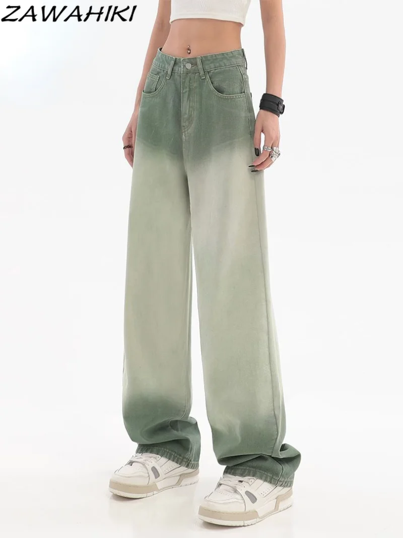 

Женские винтажные джинсы Y2K в эстетике, зеленые градиентные джинсы с высокой талией, мешковатые прямые брюки, уличные повседневные джинсовы...