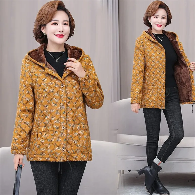 Middle-aged Elderly Women's Coat Winter Jackets Thin Light Warm Plus Velvet Cotton Linen Lattice Jacket Outwear Mother Outwear