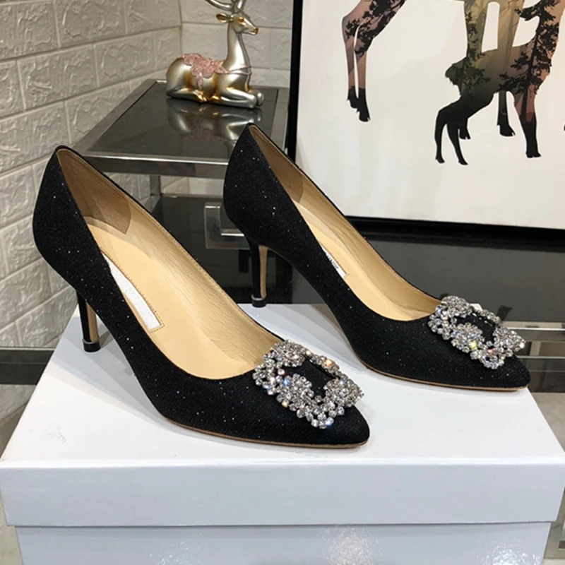 2023 European and American women's new high-heeled diamond buckle decorative shoes