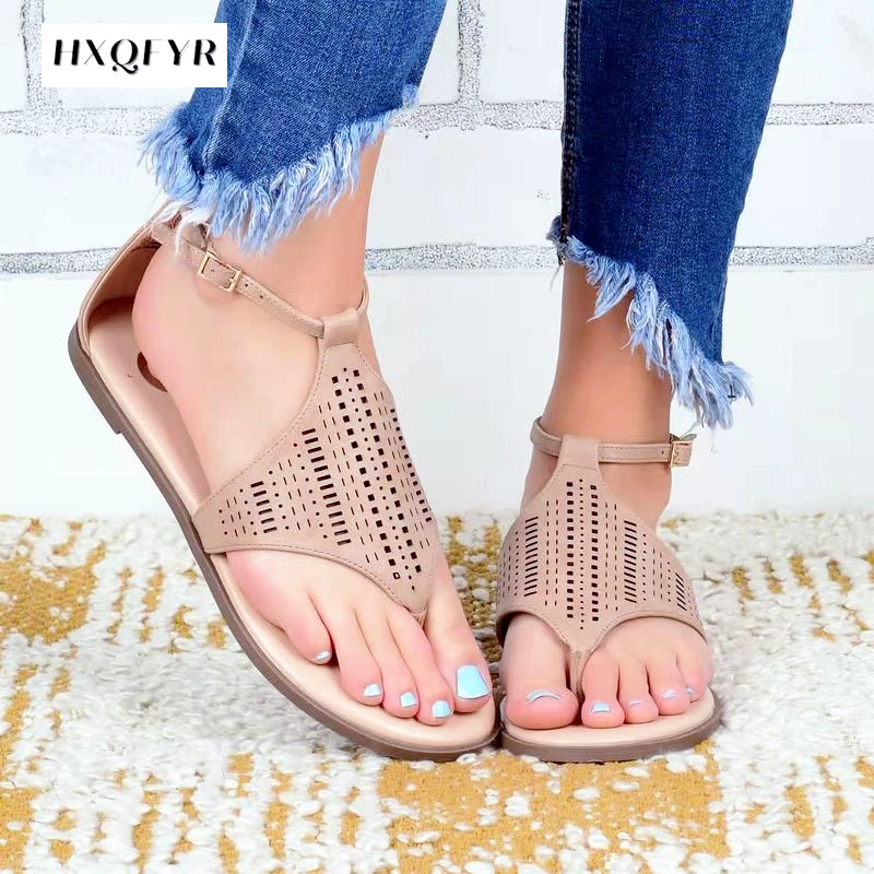 

2022 Women Sandals Heels Ladies Sandals Women Flats Hollow T Strap Casual Shoes Beach Clip Toe Sandals Slippers Sandalias Mujer