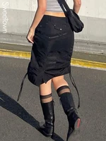 weiyao black knee length cargo skirts woman goth techwear shirring drawstring low waist casual streetwear skirt korean bottoms