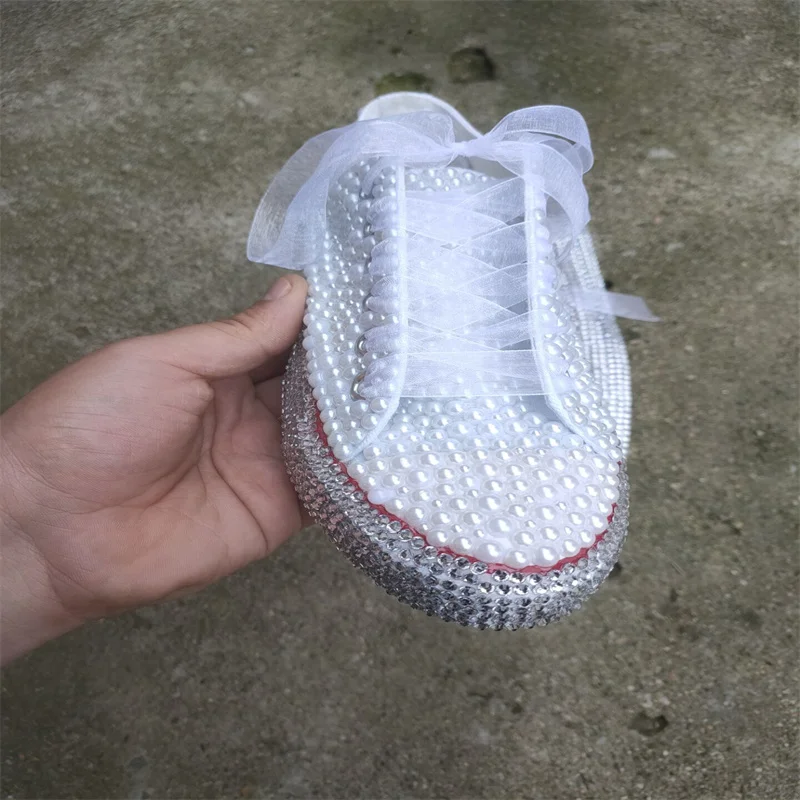 Handmade custom rhinestone pearl stitching ribbon trim simple fashion all-match canvas shoes women's large size 35-46