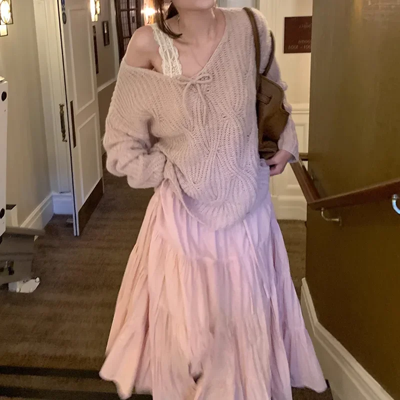 Осень/Зима 2024 элегантный повседневный однотонный костюм свитер с v-образным