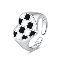 cute love heart charm finger rings blackwhite lattice epoxy copper open ring female trendy ring band for office lady best gifts