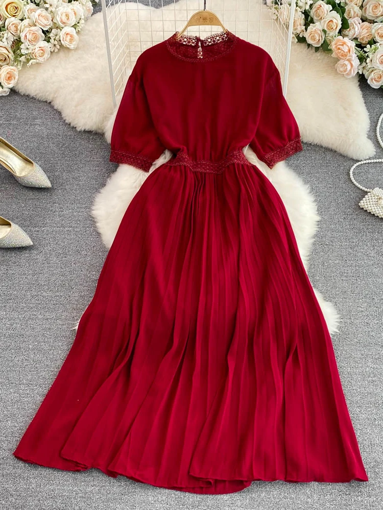 

Summer Women Red/Yellow/Purple Pleated Long Dress Female Elegant Round Neck Lace Patchwork Draped Chiffon Maxi Vestidos New