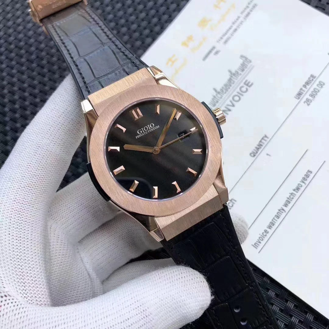 

Men Automatic Mechanical Watch Blue Black Leather Rose Gold