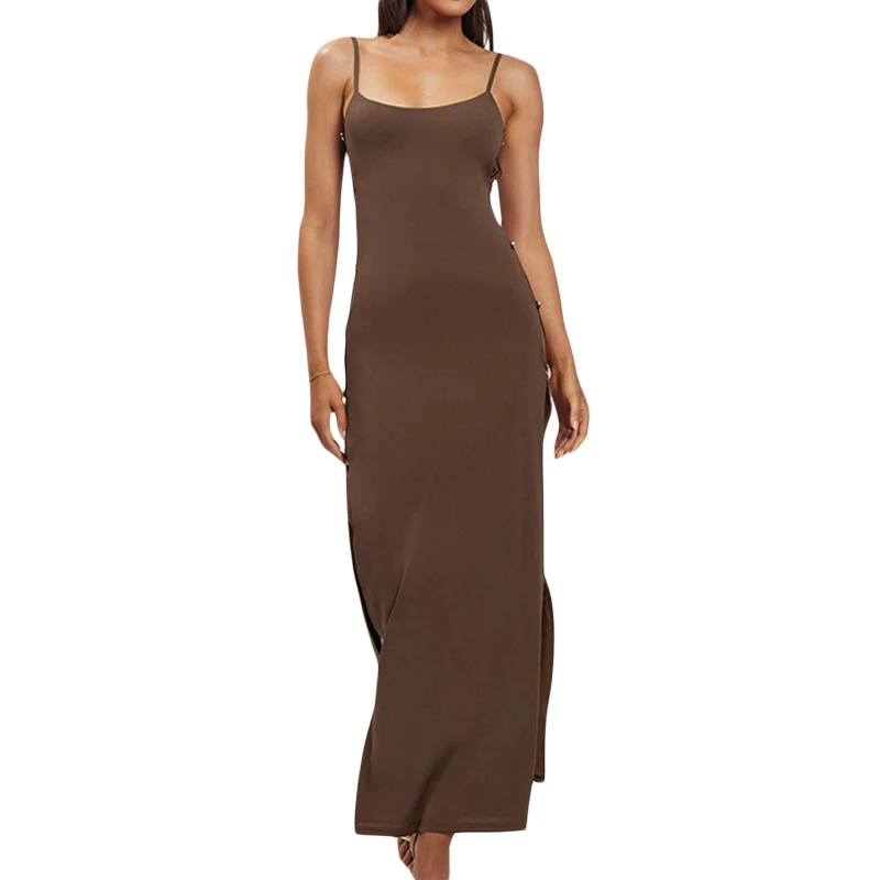 

Женское однотонное платье без рукавов, летнее платье с открытой спиной и высоким разрезом, длинное платье макси с вырезами по бокам