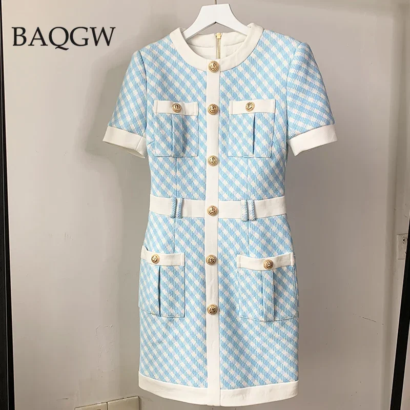 

Уличная одежда BaQGW в клетку, женское высококачественное облегающее платье с коротким рукавом и карманами, прямое летнее платье, женские офисные платья