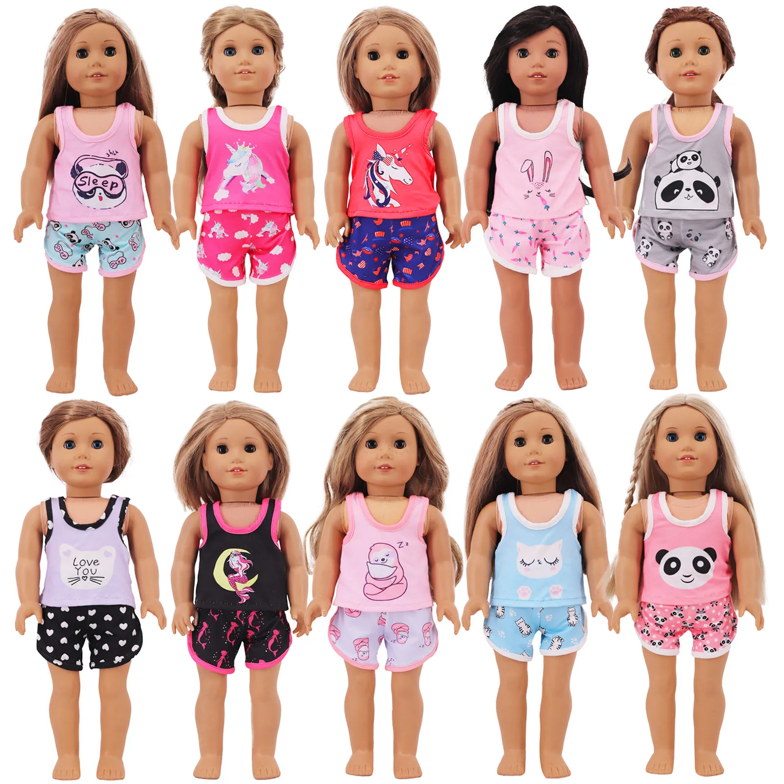 Print Vest Tops+shorts Fit 18inch American Doll&43cm Reborn 