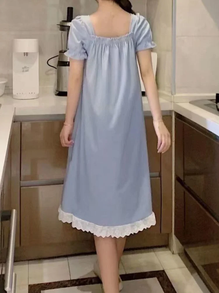 Ночные рубашки с бантом женские элегантные летние пижамы миди пышными рукавами