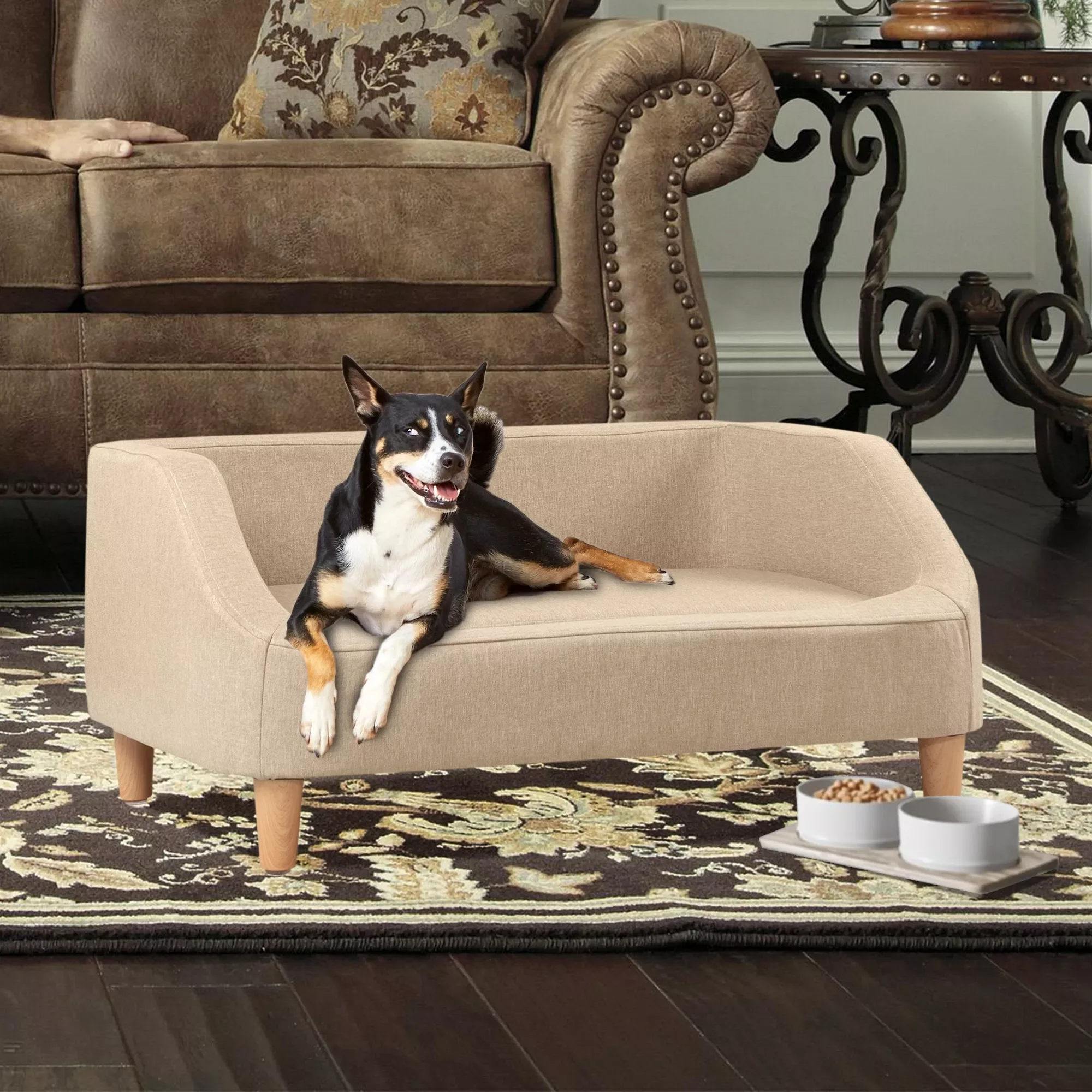 

32.3” x 23.6” x 15.7” Pet Furniture Beige Pet Sofa Dog Sofa Pet Bed Rectangle Sofa With Movable Cushion, With Wood Style Foot