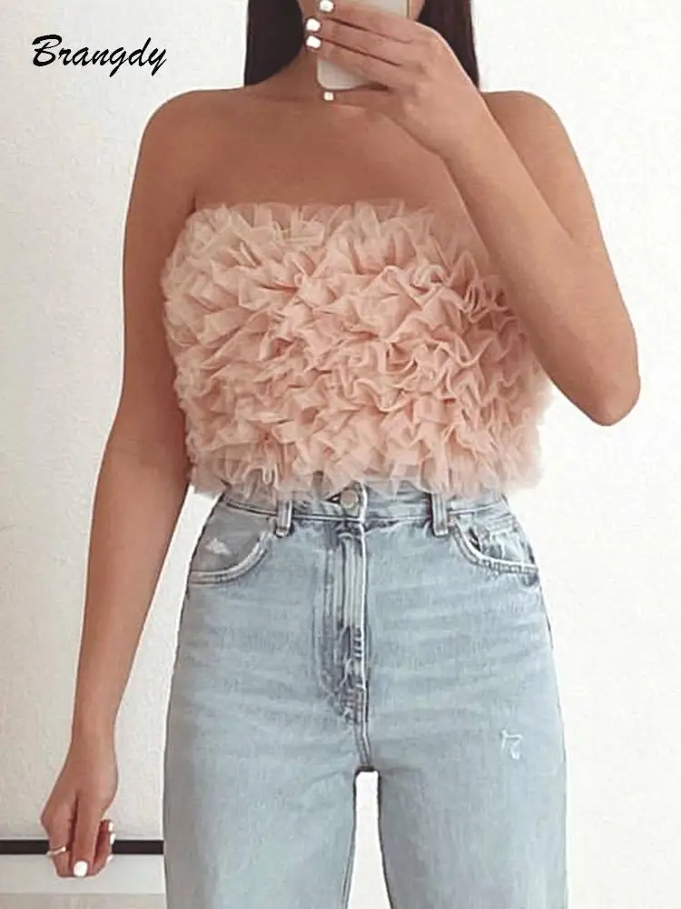 

2022 Women Cropped Tops Pink Knitted Gauze Tank Tops Off Shoulder Strapless Tube Tops Summer Croset Sexy Bodycon Chic Top
