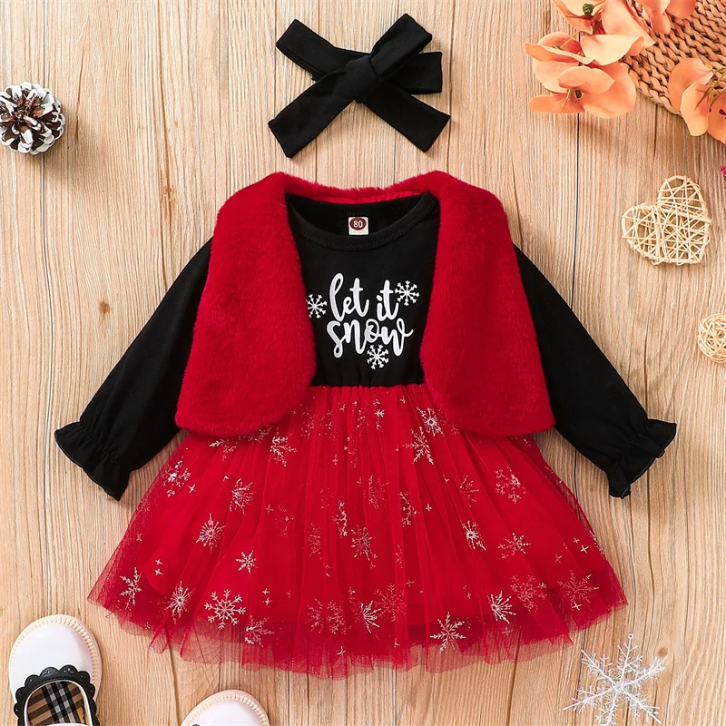 

Женское платье с надписью, принтом снежинок, длинным рукавом, многослойное, в стиле пэчворк, Тюлевое платье + плюшевый жилет + повязка на голо...