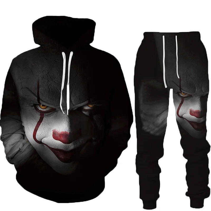 

Halloween 3d evil clown printed oversize hoodies men's sweatshirt joggers pants tracksuit funny autumn and winter men's clothing