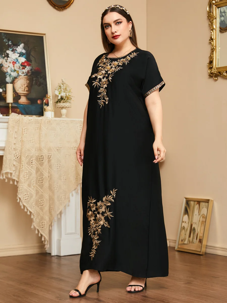 Large women's elegant embroidered beaded short sleeve dress long skirt plus size dresses