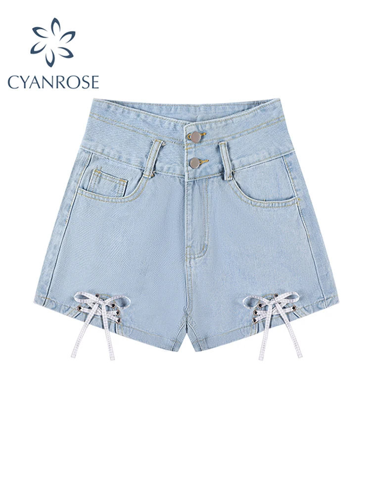 

Шорты женские джинсовые с завышенной талией, винтажные широкие Короткие штаны из денима в стиле Харадзюку, уличная одежда в Корейском стиле, Голубые мини-джинсы, Y2k, на лето