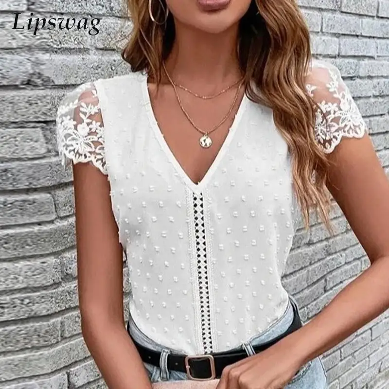 

Женская шифоновая блузка с кружевом, элегантная сетчатая рубашка с коротким рукавом и V-образным вырезом, повседневный Пляжный пуловер на лето