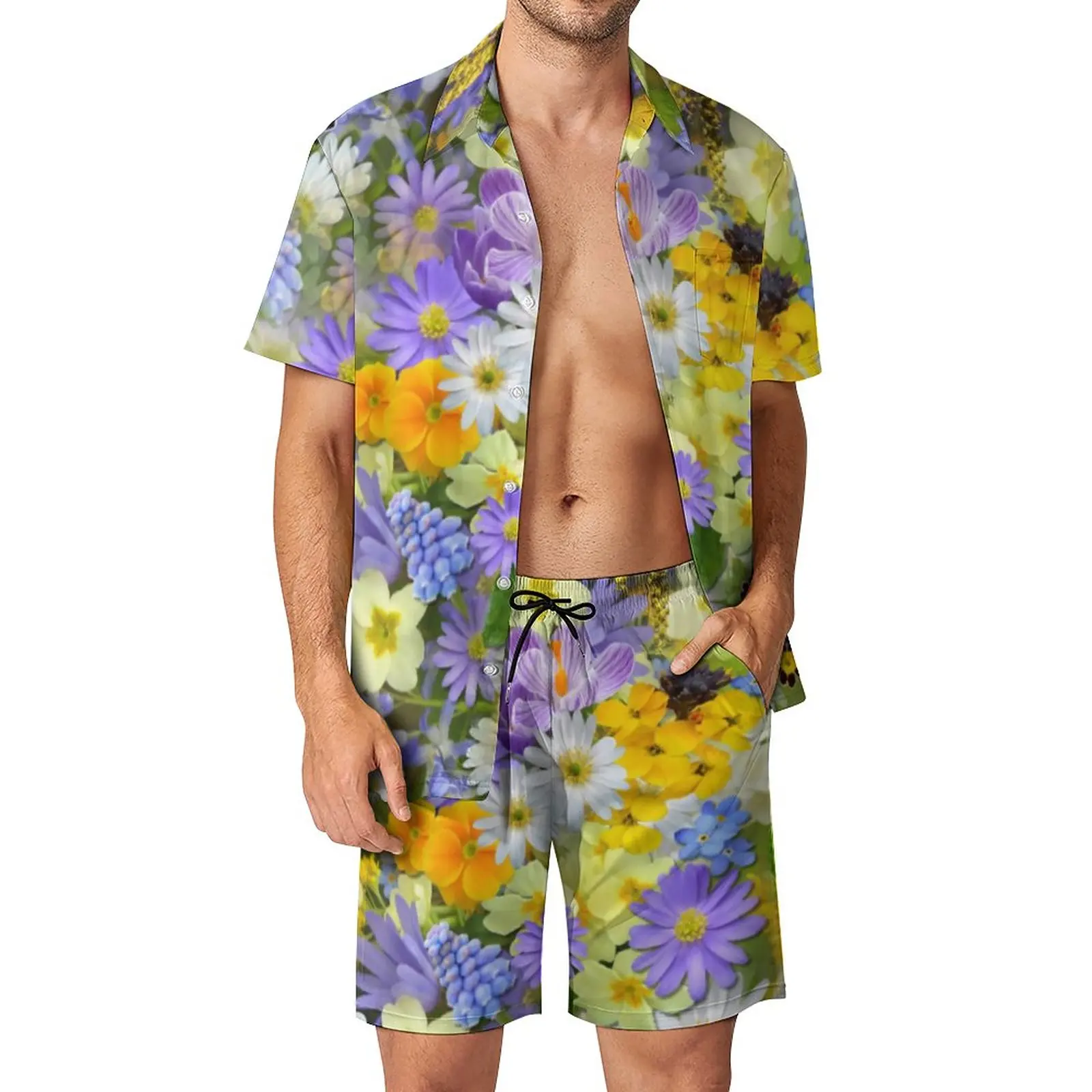

Purple Daisy Print Fitness Outdoor Men Sets A Burst of Flowers Casual Shirt Set Graphic Shorts Two-piece Trending Suit Plus Size