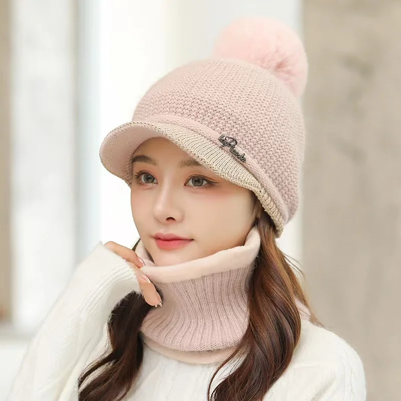 Autumn Women's Knitted Duck Tongue Hat Two Piece Set Letter Warm Winter Baseball Hat Ear Protection Neck Waiver Wool Cap