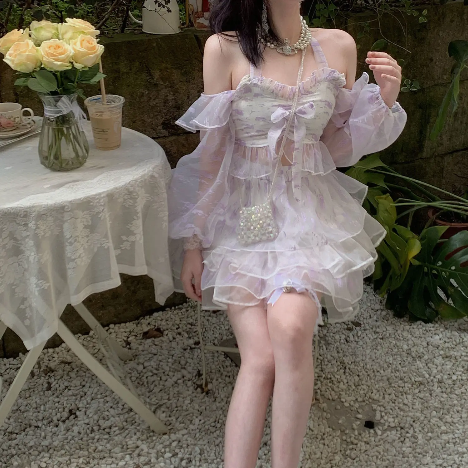 

Женский шифоновый комплект с юбкой и цветочным принтом, элегантная повседневная пляжная юбка с высокой талией в Корейском стиле для праздн...