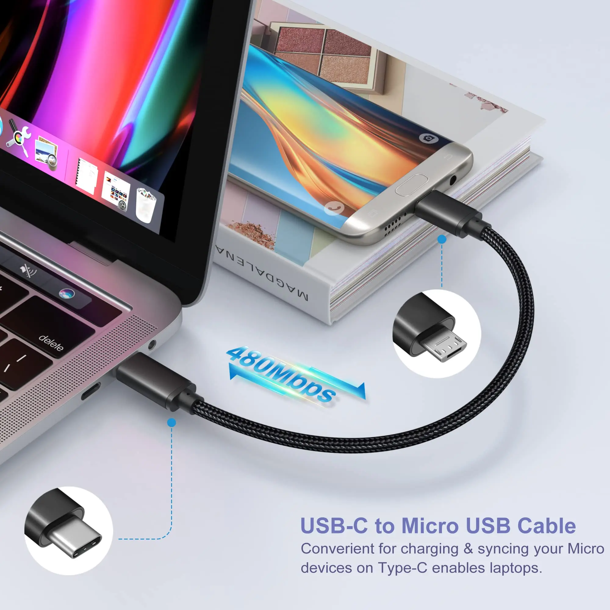 Фото Кабель с USB C на Micro USB 3 фута, нейлоновая оплетка, короткий шнур с Type C на Micro для Samsung Galaxy S7 S6, J7, J3, LG, HTC, PS4, Kindle №4