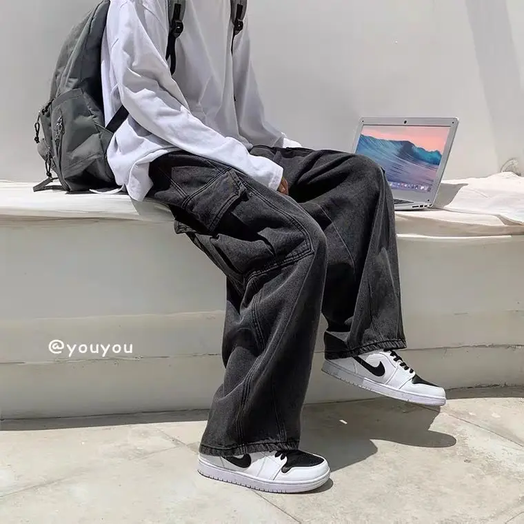 Jeans men's fall loose straight drop feeling pants cool cool retro trend wide-legged pants  men jeans