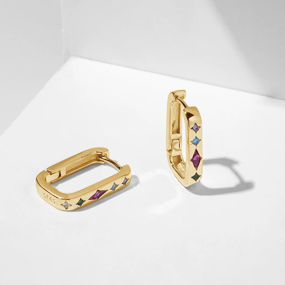 

Colorful Crystal Hoop Earrings For Women 925 Sterling Silver Pendientes Geometric Square Ear Buckle Huggie Piercing Earrings