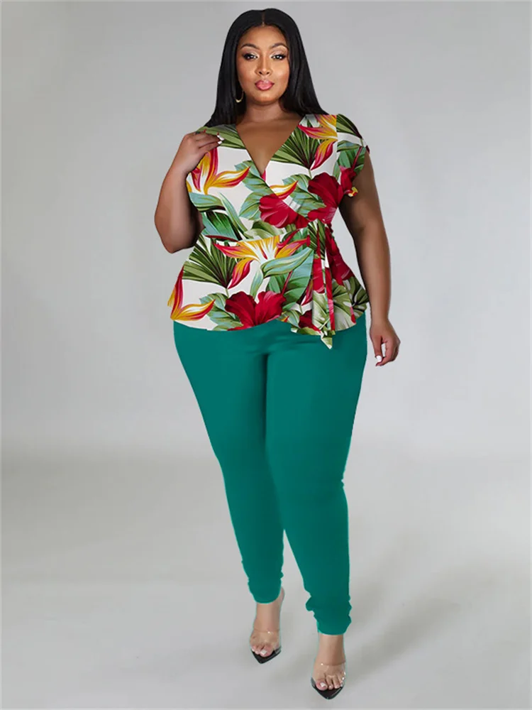 Plus Size Two Piece Outfits Pants Sets Women Summer Clothes Printed Top Solid Leggings Matching Wholes 3xl 4xl 5xl 6xl