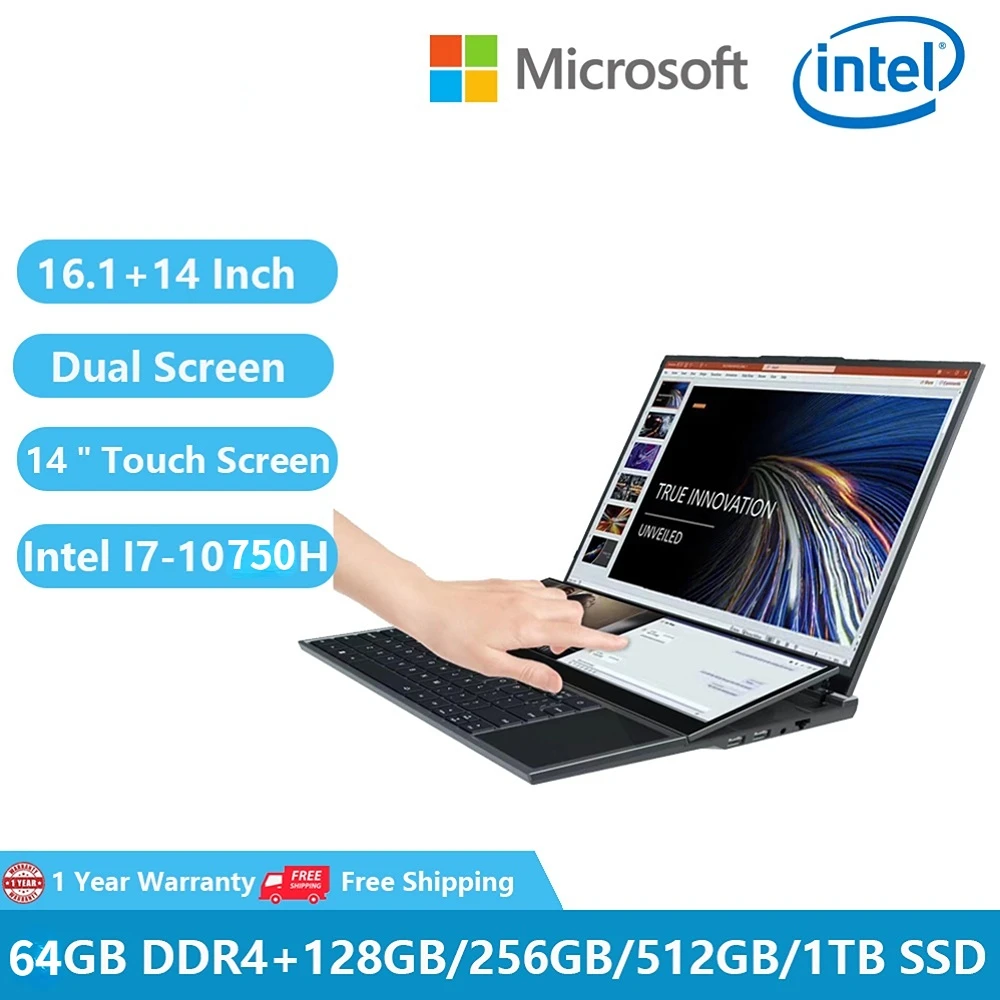 

2023 Gaming Laptops Dual Screen Monitor Touch Notebook Metal Windows 11 16.1" +14.0" Intel Core I7-10750H 64GB DDR4+2TB SSD WiFi