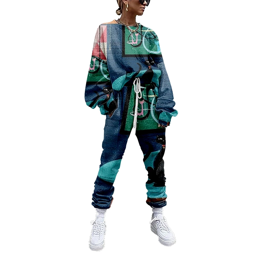 

Women Tracksuit 2 Piece Outfit Sweatshirt+Straight Sweatpants Matching Set Vintage Art Paintings Fitness Sporty Streetwear 2