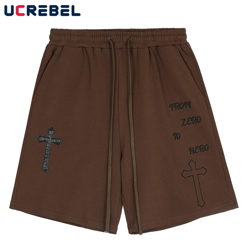 

Cross Print Casual Shorts Mens Summer Drawstring Elastic Waist Knee-length Shorts Streetwear Patch Sweatshorts Men Loose Shorts