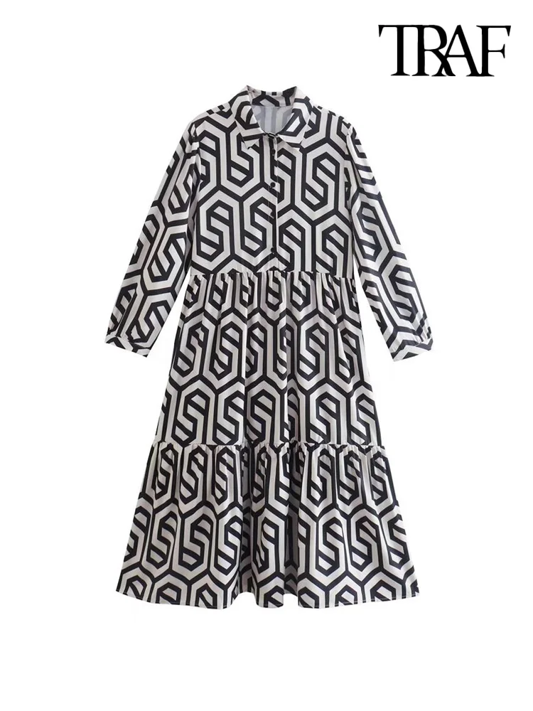 

Платье-миди женское с геометрическим принтом, рукавом 3/4 и пуговицами