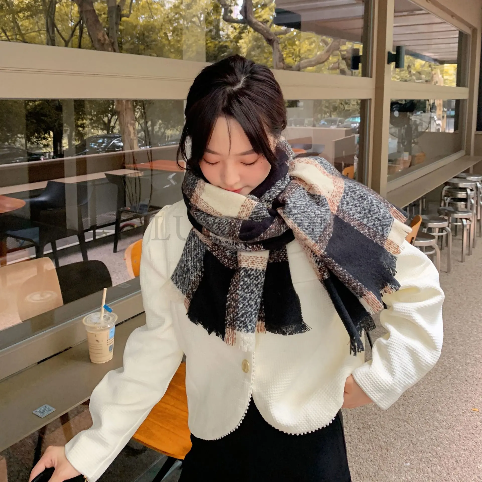 

Women Winter Circle Yarn Scarf Mohair Horizontal Stripes Ladies Shawl Korean Long Size Soft Warm Scarves Casual