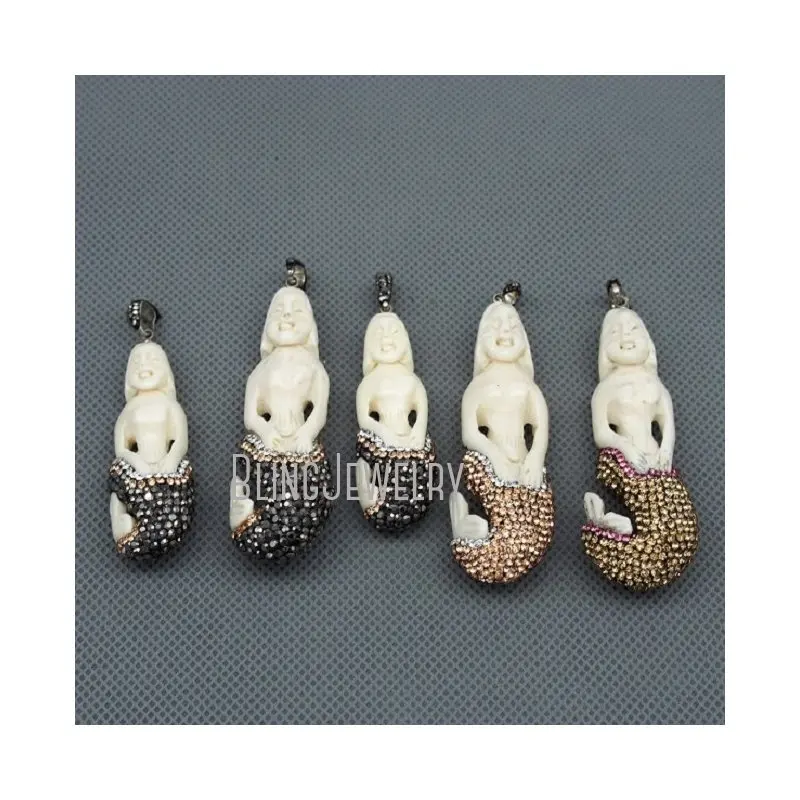 

PM1066 Carved Mermaid Charm With Rhinestone Pave Cap Mermaid Sea Jewelry Pendant