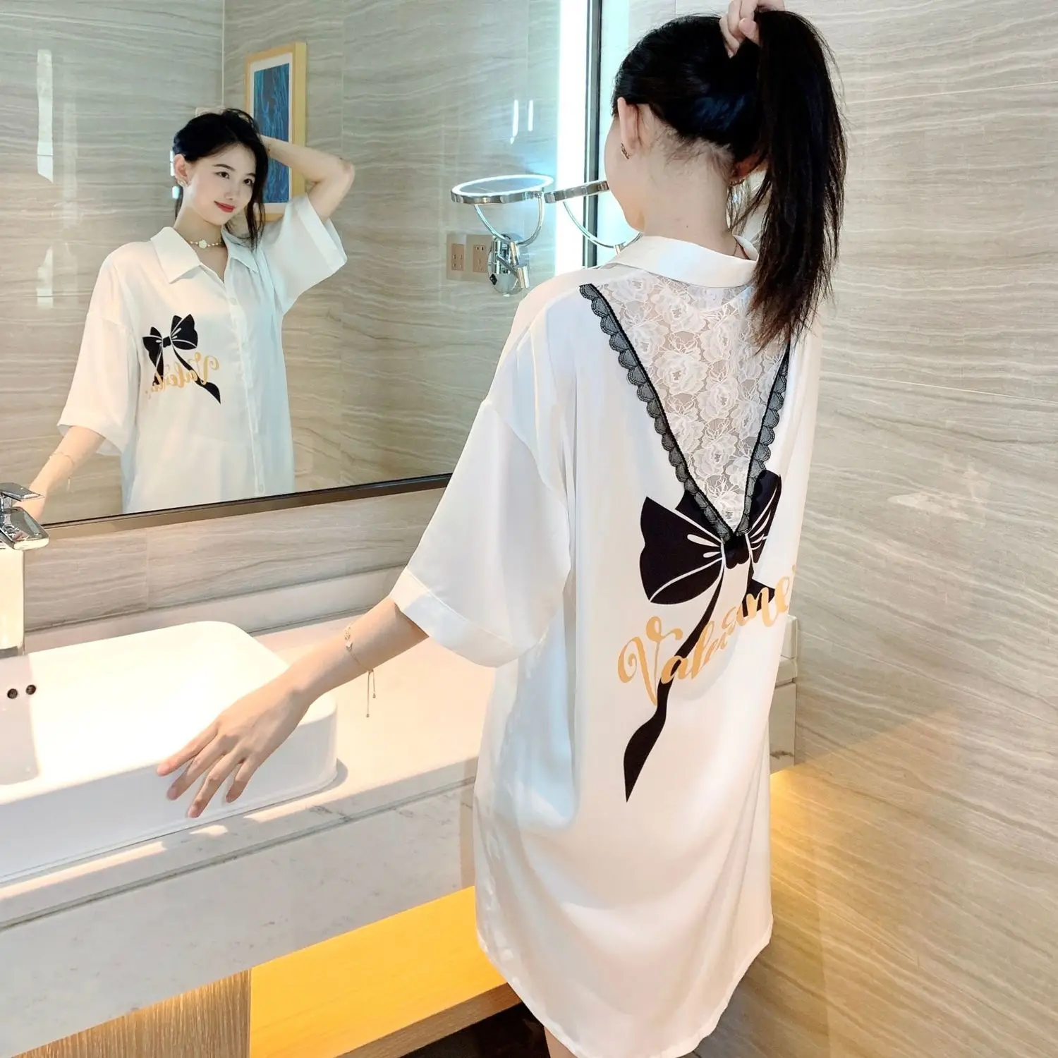 Net red ice silk nightdress female 2023 new summer short-sleeved thin style senior sense plus size shirt sexy sleep dress