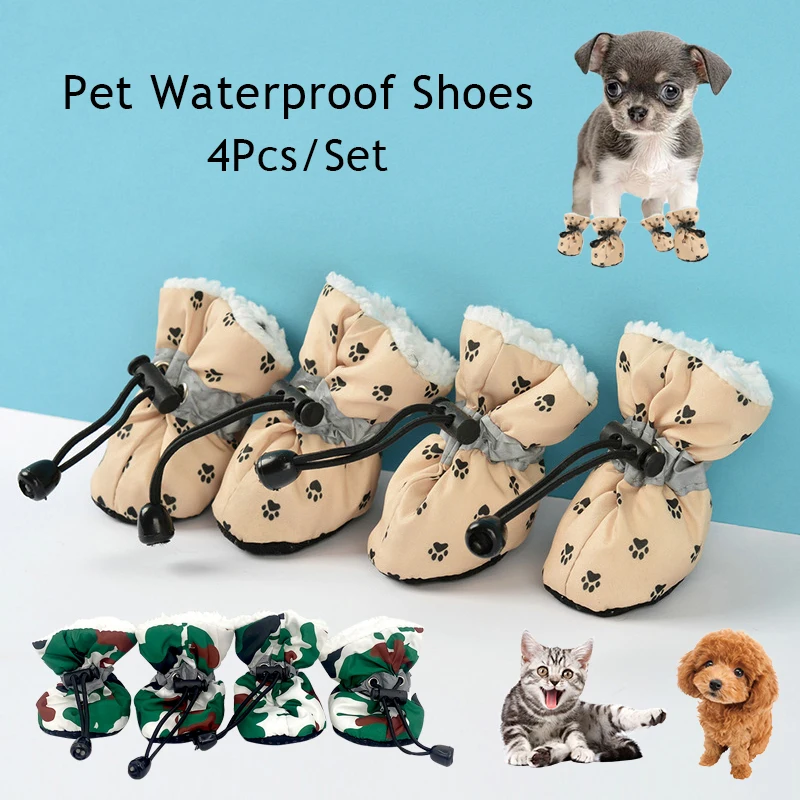 

4pcs/set Winter Warm Pet Shoes For Dogs Waterproof Dog Shoes Rain Boots Soft Sole Footwear Pet Shoes For Small Dogs Pet Items
