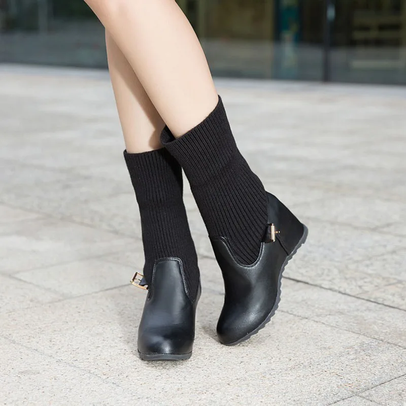 Winter Plush Knitted Stretch Boots Women 2022 Weave Mid-calf Bottines Wedges High Heels Belt Buckle Riding Botas De Mujer 34-43