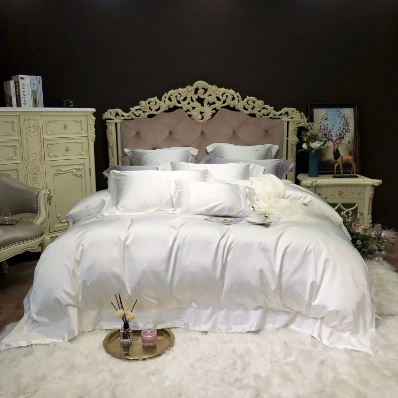 

4/7Pcs Solid Color White Grey Silk Satin Cotton Bedding set Soft Duvet Cover Bed Sheet Set Pillowcase Queen King size 4Pcs