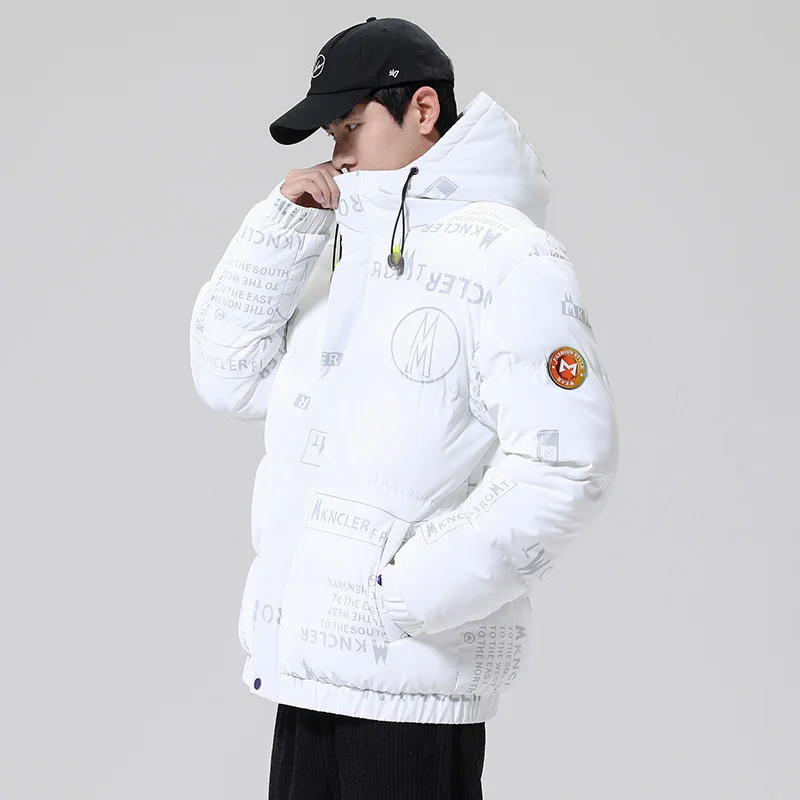 Couples Letter Print Winter Jacket Men Thickened Warm Jacket  Fashion Letter Shiny Hooded Cotton Coat Jacket with Hood