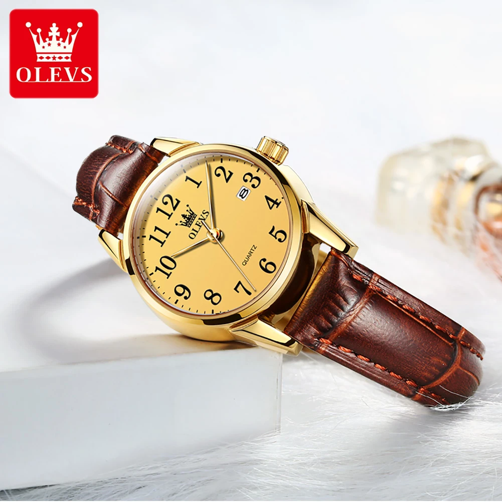 OLEVS 5566 Fashion Business Golden Watch for Women Luxury Brand Leather Strap Waterproof Ladies Quartz Wristwatch Woman Clock