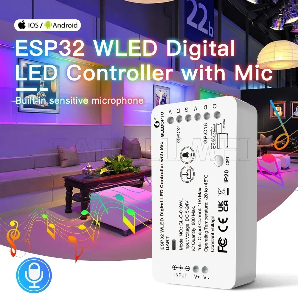 Фото GLEDOPTO ESP32 WLED светодиодный контроллер GL-C-009/010WL/010WL-D с микрофоном DIY музыкальные динамические режимы для WS2811/2812/2813 полосы света №2
