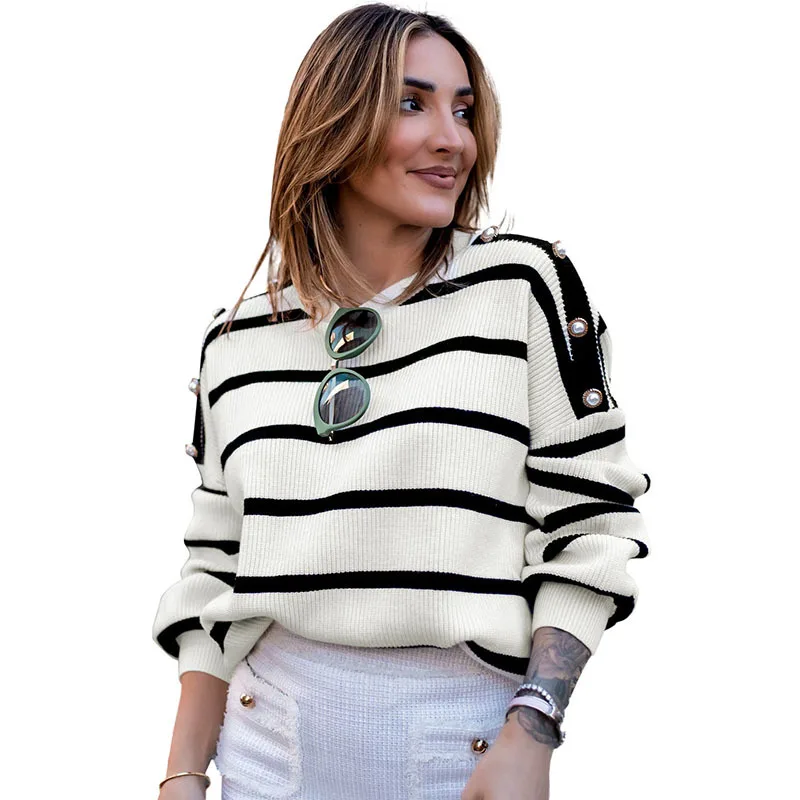 

Autumn striped long sleeve sweater women simple slim-fit pullover top