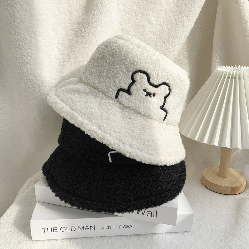 

Cute Cartoon Bear Embroidery Lamb Wool Bucket Hat Women Winter Outdoor Ear Warmer Fishermen Hats Fordable Soft Plush Basin Cap