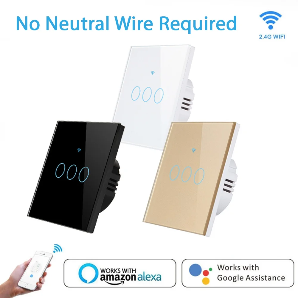 

No Neutral Wire Needed WiFi RF433 Smart Glass Panel Wall Switch, EU Smart Life Tuya Remotely Control,Work With Alexa Google Home