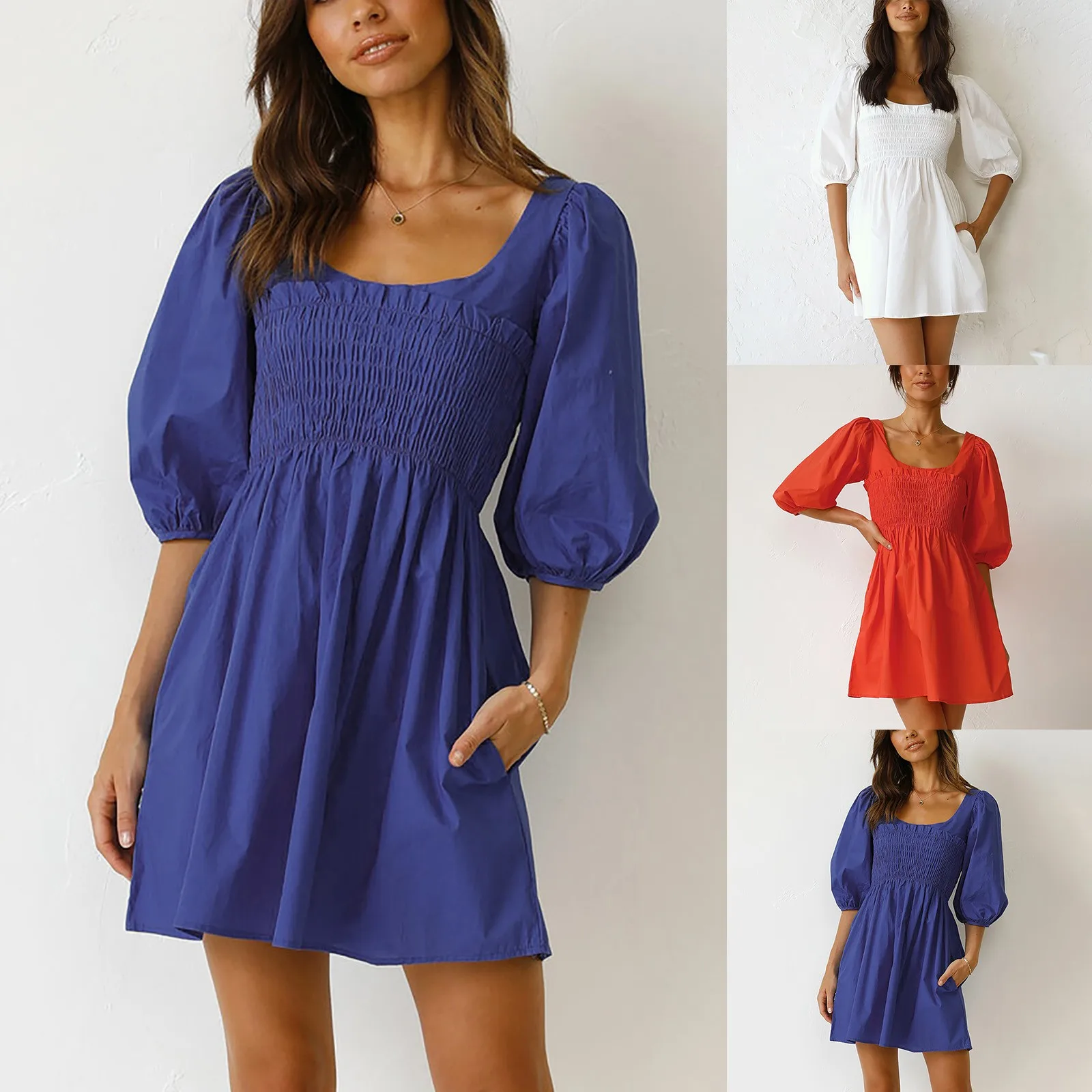 

Women’s Fall Smocked Dress Square Neck Puff Sleeve Casual Vintage A Line Short Mini Dress Dressy Dresses